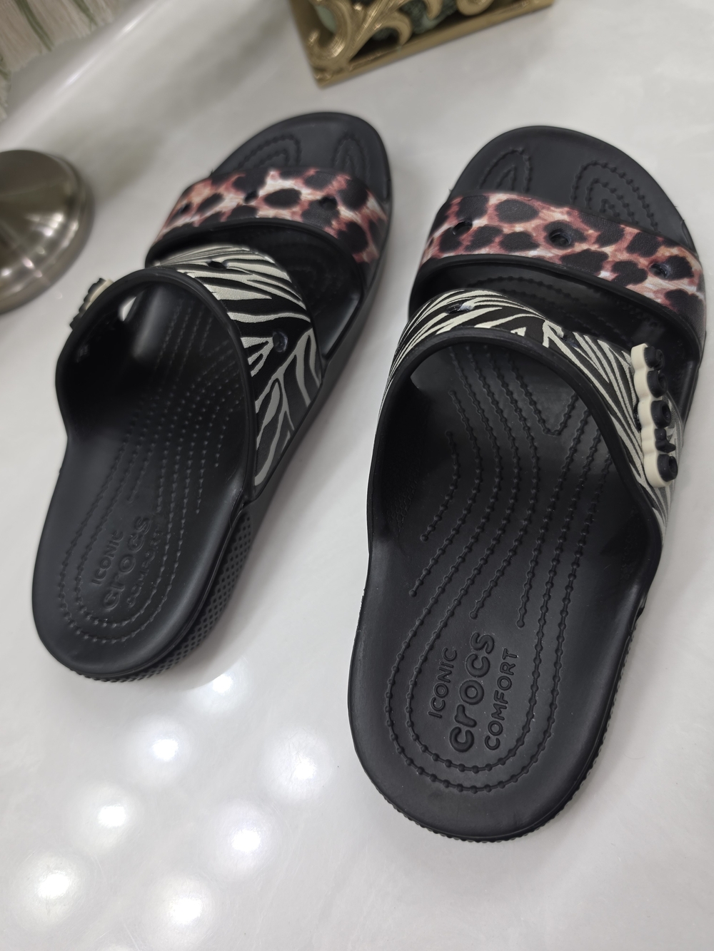 Crocs Women's Black Zebra & Pink Leopard Slide Sandals